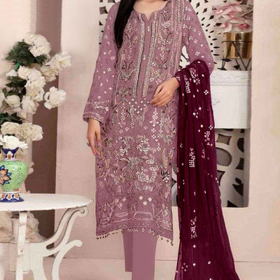 Mauve Floral Embroidered With Handwork Georgette Semi Stitched Pakistani Suit