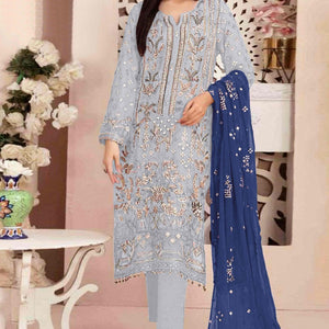 Greyish Blue Floral Embroidered With Handwork Georgette Semi Stitched Pakistani Suit