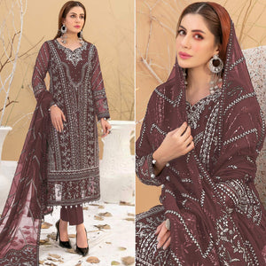 Brown Floral Embroidered Georgette Semi Stitched Pakistani Suit