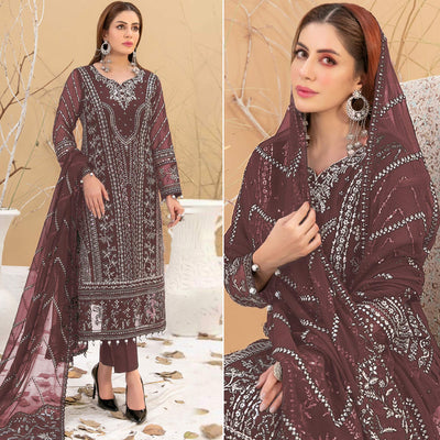 Brown Floral Embroidered Georgette Semi Stitched Pakistani Suit