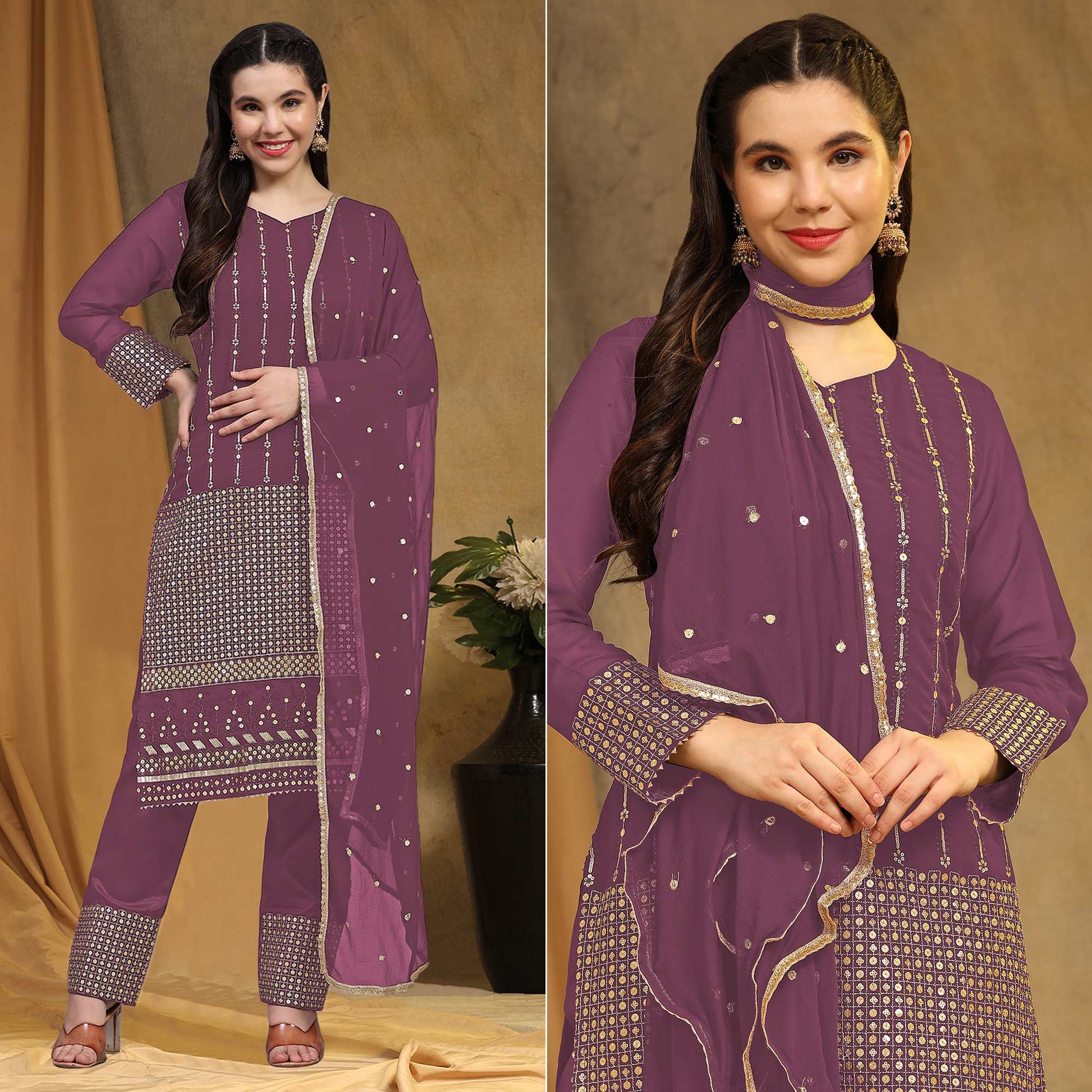 Mauve Sequins Embroidered Georgette Semi Stitched Salwar Suit