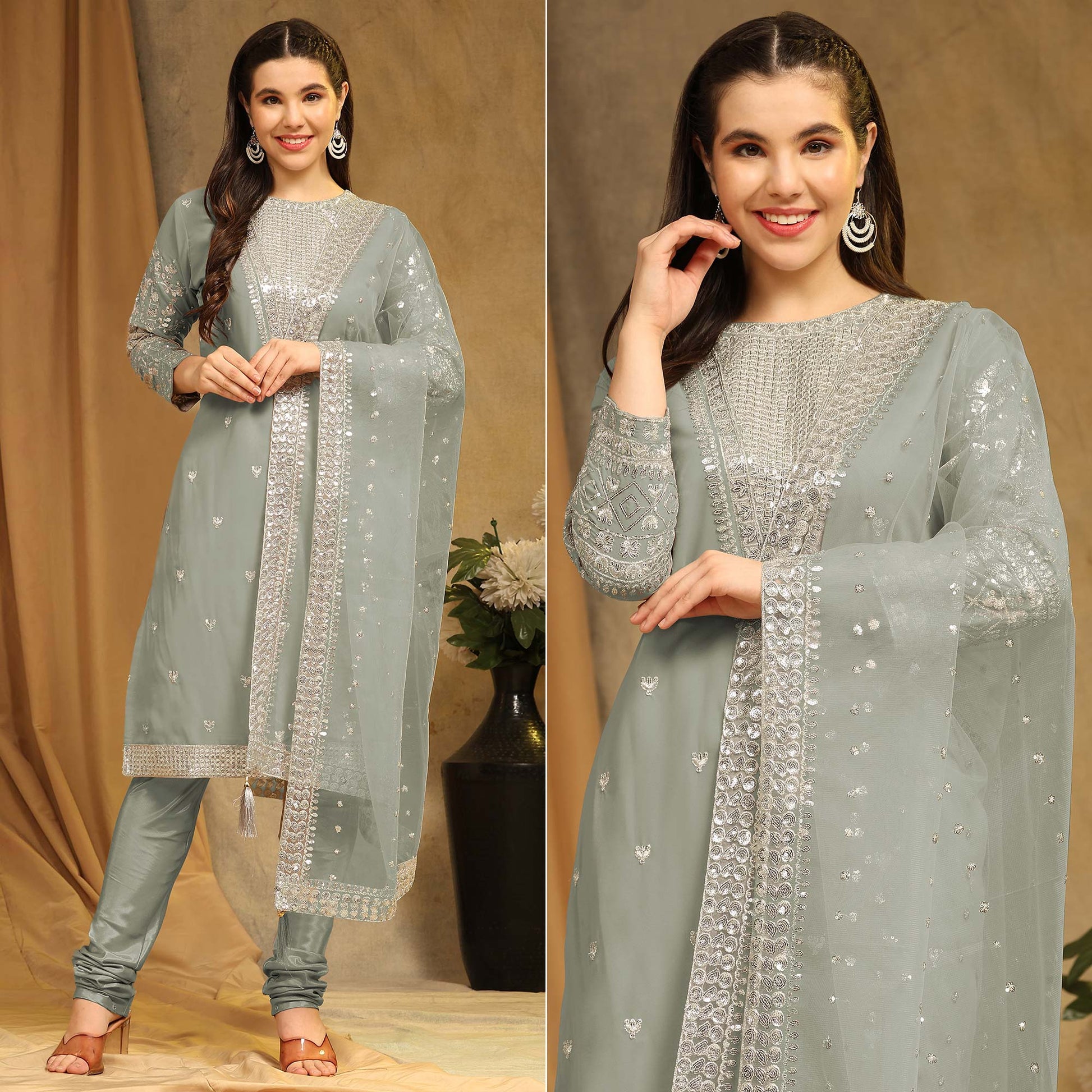 Dusty Green Sequins Embroidered Georgette Semi Stitched Salwar Suit
