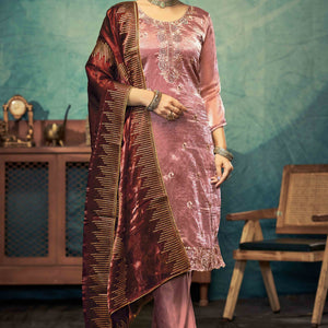 Dusty Rose Pink Floral Embroidery With Swarovski Work Jimmy Choo Tissue Semi Stitched Suit