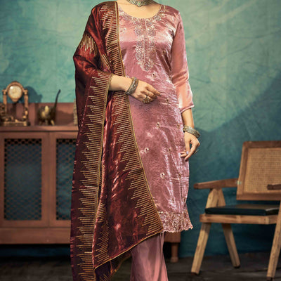 Dusty Rose Pink Floral Embroidery With Swarovski Work Jimmy Choo Tissue Semi Stitched Suit