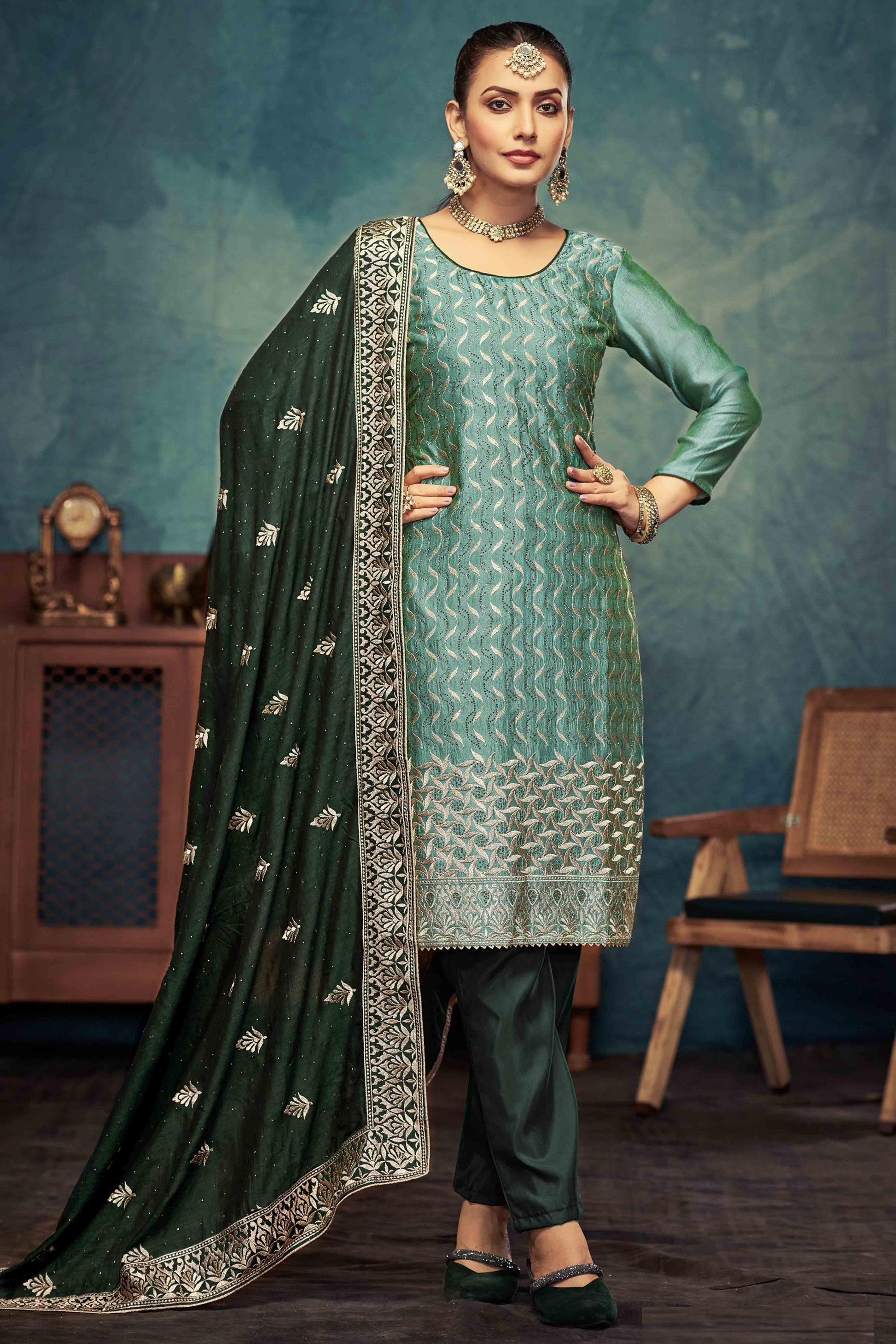 green-embroidery-with-swarovski-work-vichitra-silk-semi-stitched-suit