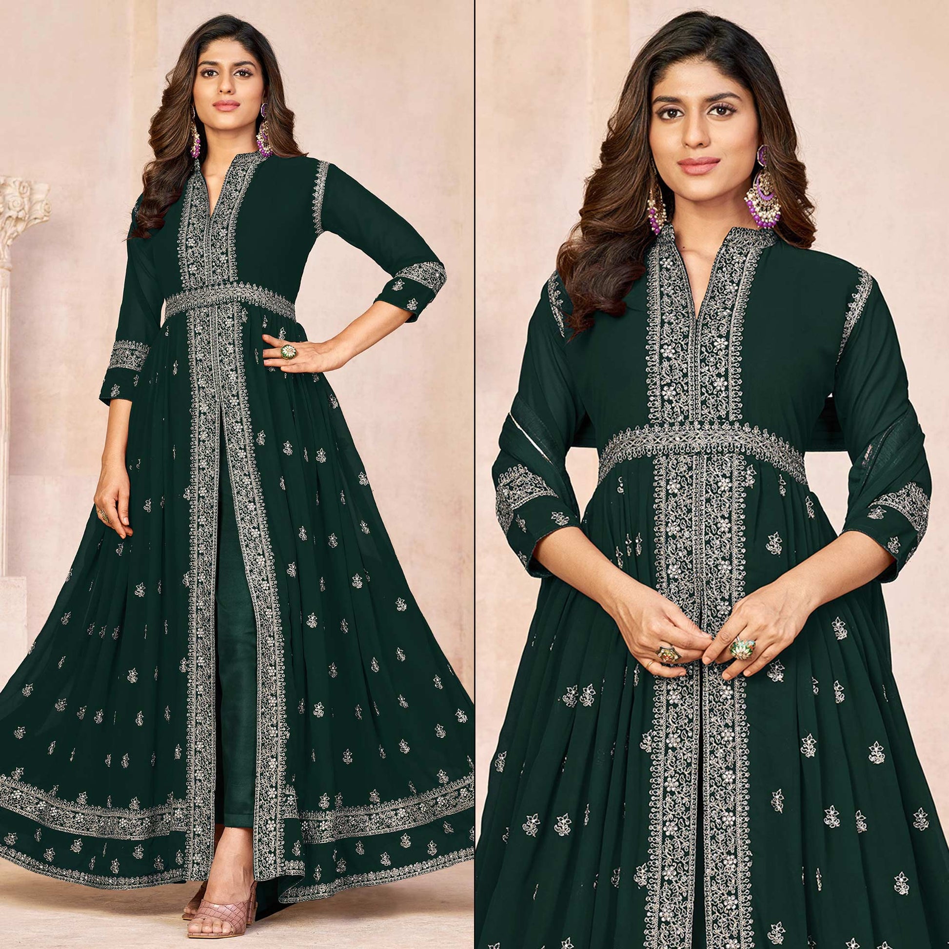 green-floral-embroidered-front-slit-semi-stitched-georgette-anarkali-suit