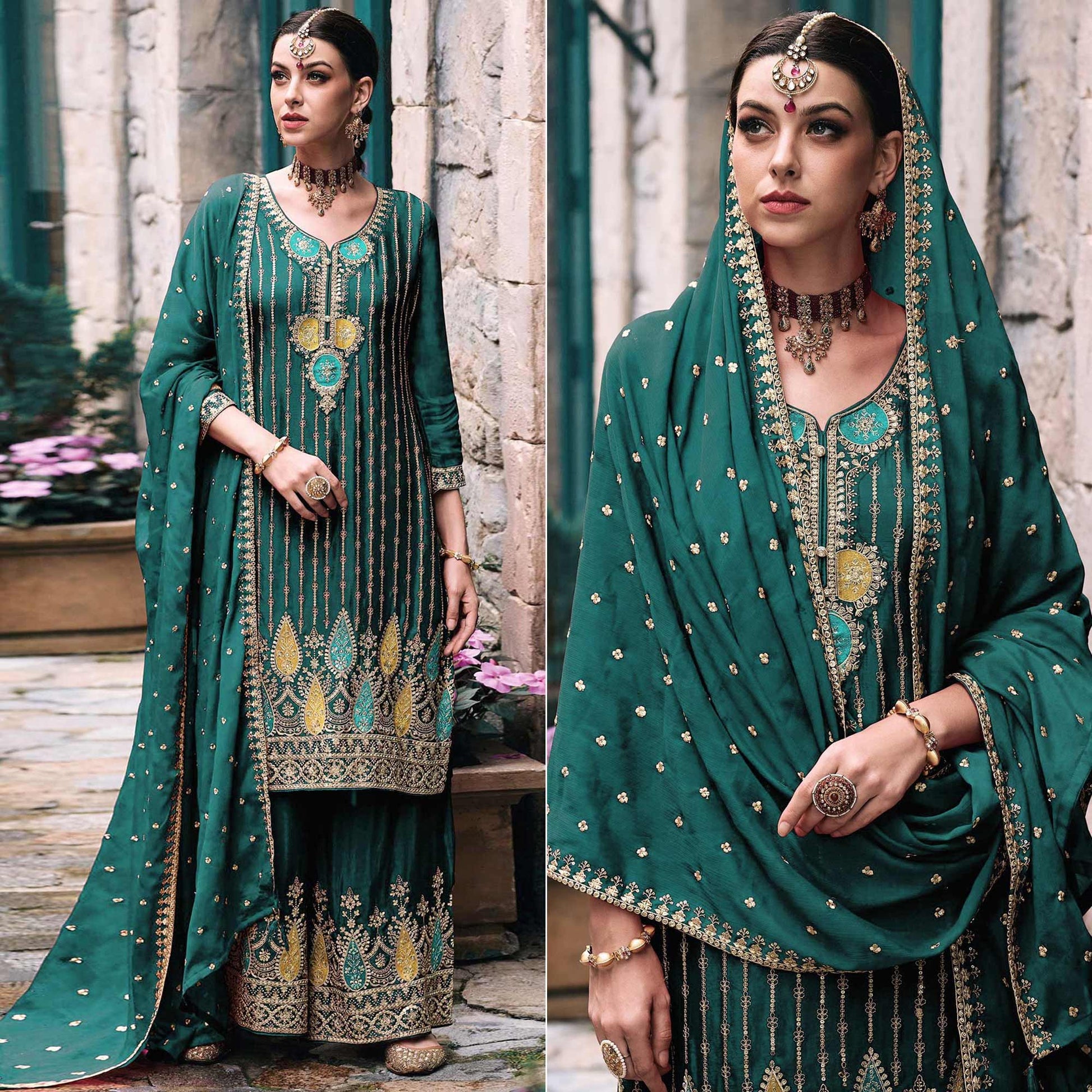 green-embroidered-chinon-semi-stitched-palazzo-suit
