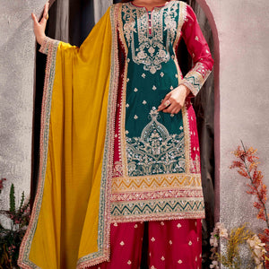 Cherry Red & Teal Green Floral Sequins Embroidered Chinon Silk Semi Stitched Palazzo Suit