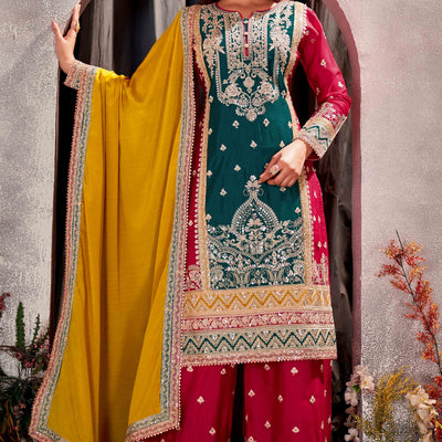 Cherry Red & Teal Green Floral Sequins Embroidered Chinon Silk Semi Stitched Palazzo Suit