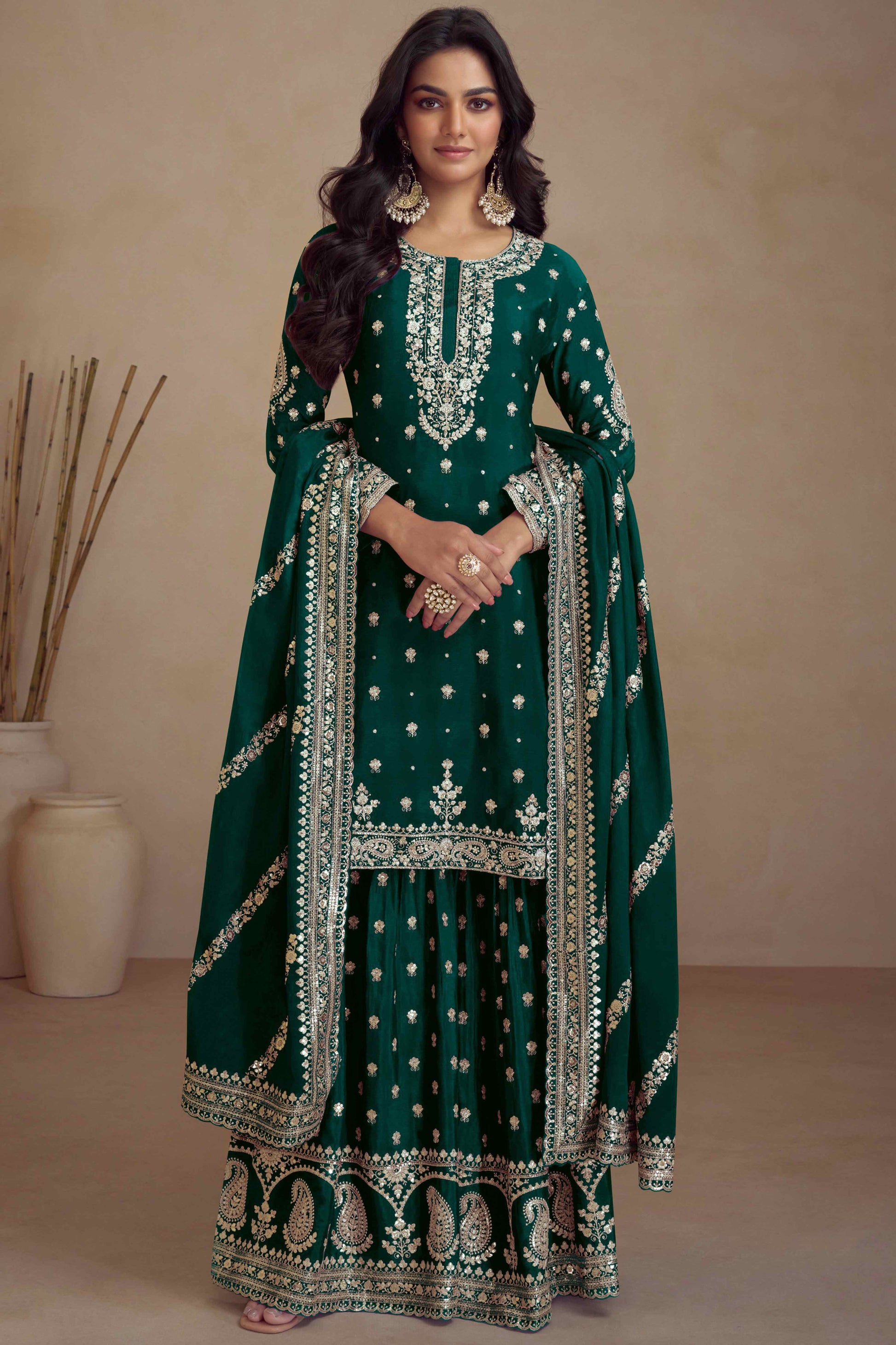 green-floral-sequins-embroidered-satin-silk-semi-stitched-suit