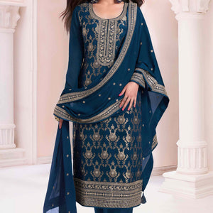 Blue Woven With Embroidered Jacquard Viscose Semi Stitched Salwar Suit