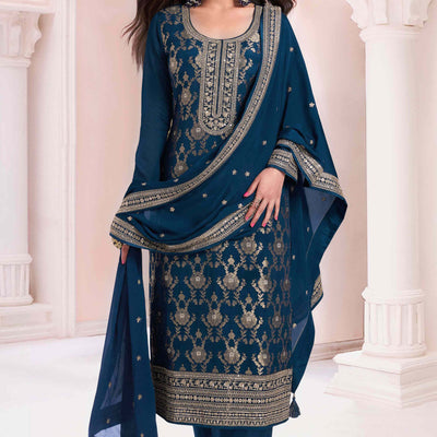 Blue Woven With Embroidered Jacquard Viscose Semi Stitched Salwar Suit