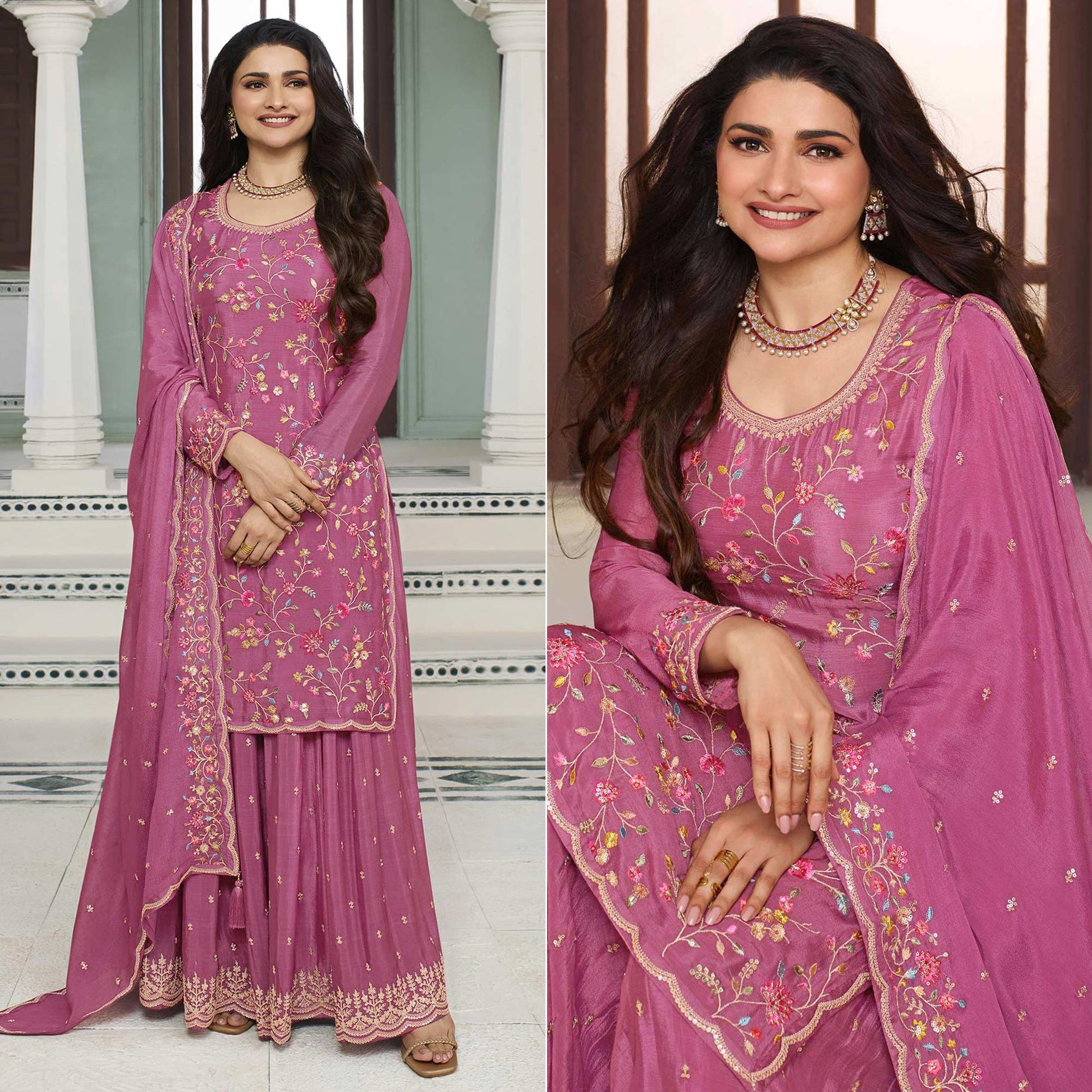 Dark Mauve Floral Embroidered Chinon Sharara Salwar Suit