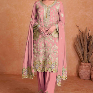 Gajari Pink Floral Sequins Embroidered Chinon Palazzo Suit