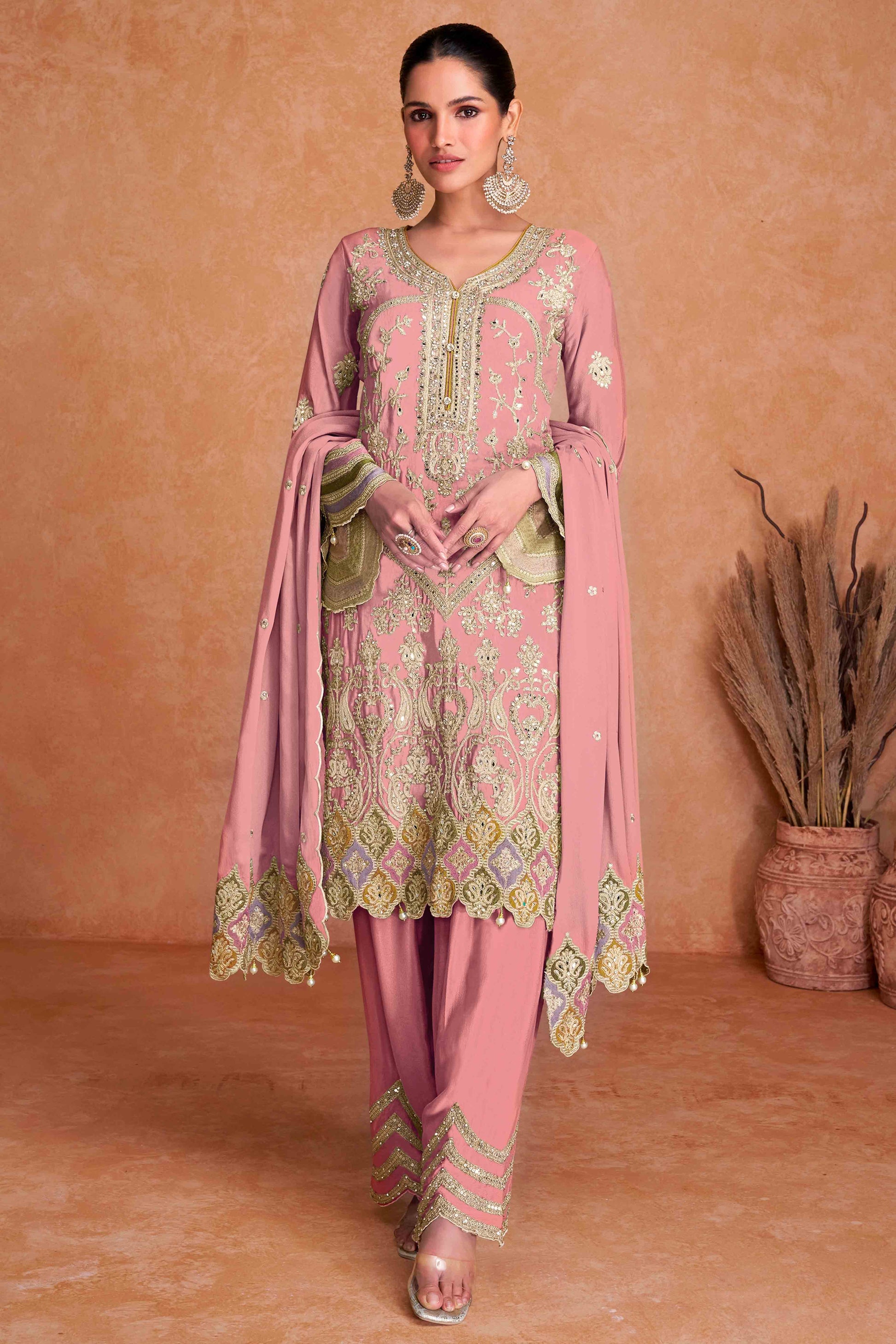 Gajari Pink Floral Sequins Embroidered Chinon Palazzo Suit