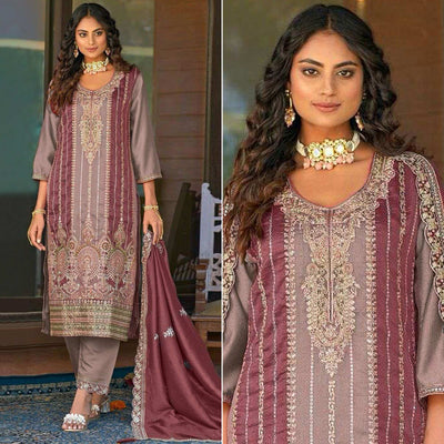 Mauve Floral Embroidered Vichitra Silk Semi Stitched Pakistani Suit