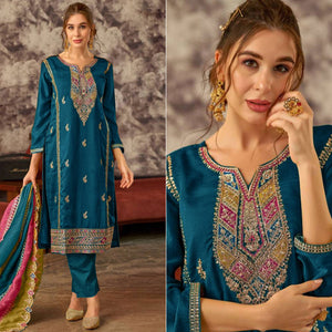 Morpich Floral Embroidered Vichitra Silk Semi Stitched Pakistani Dress Material