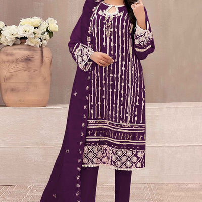 Dark Purple Floral Embroidered Georgette Semi Stitched Pakistani Suit