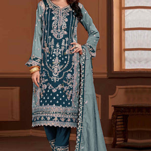 Morpich Blue Floral Sequins Embroidery Vichitra Silk Semi Stitched Pakistani Suit