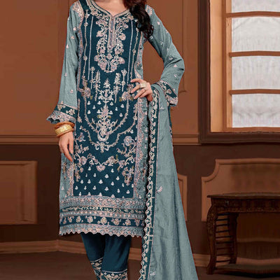 Morpich Blue Floral Sequins Embroidery Vichitra Silk Semi Stitched Pakistani Suit