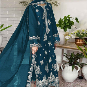 Morpich Blue Floral Embroidery Georgette Semi Stitched Pakistani Suit