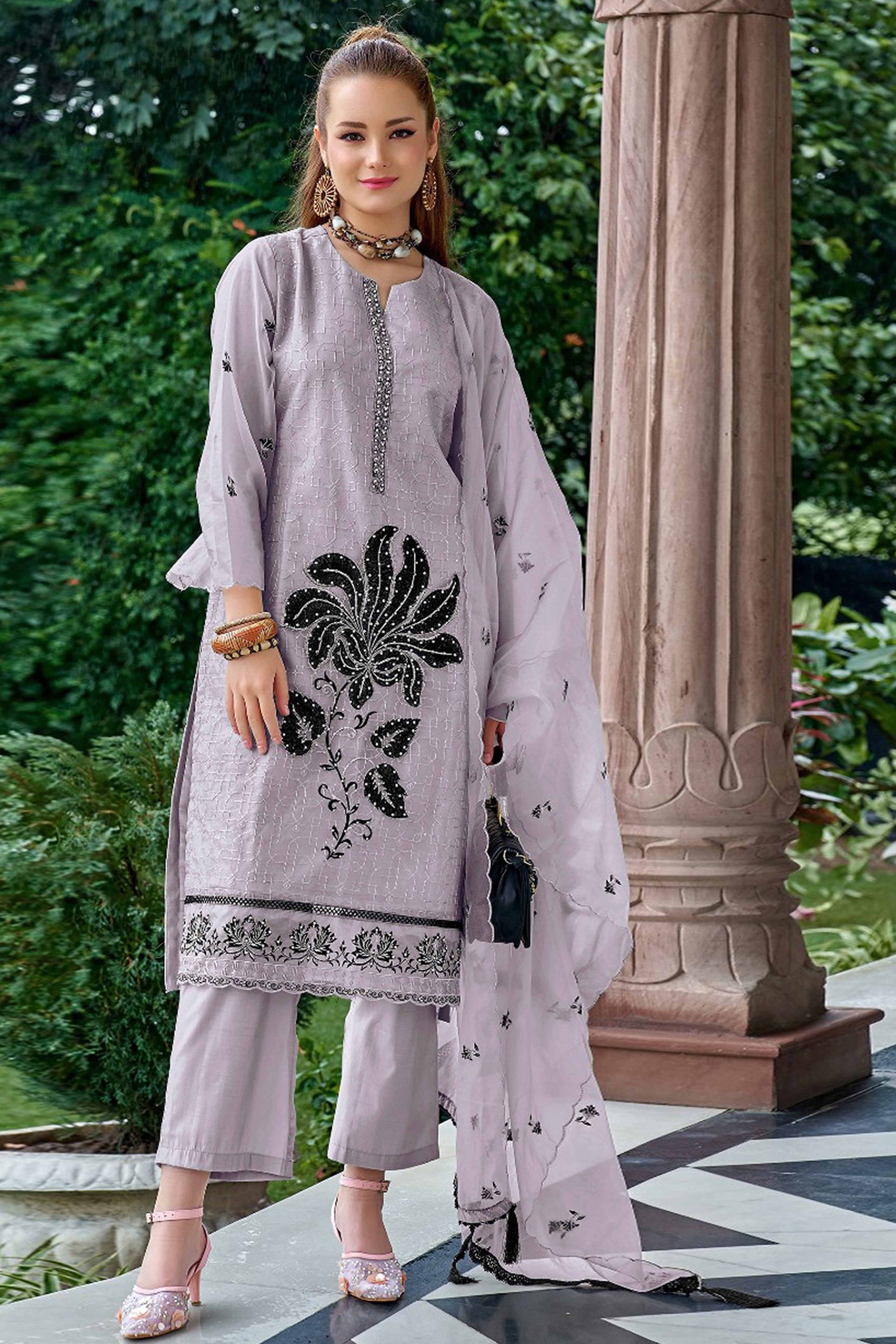 Lavender Floral Sequins Embroidered Organza Semi Stitched Pakistani Suit