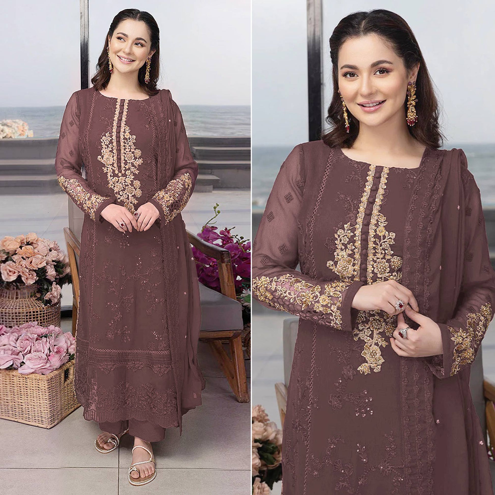 Mauve Floral Embroidered Georgette Semi Stitched Pakistani Suit