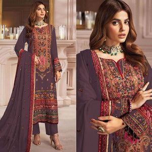 Dark Mauve Embroidered Georgette Pakistani Dress Material