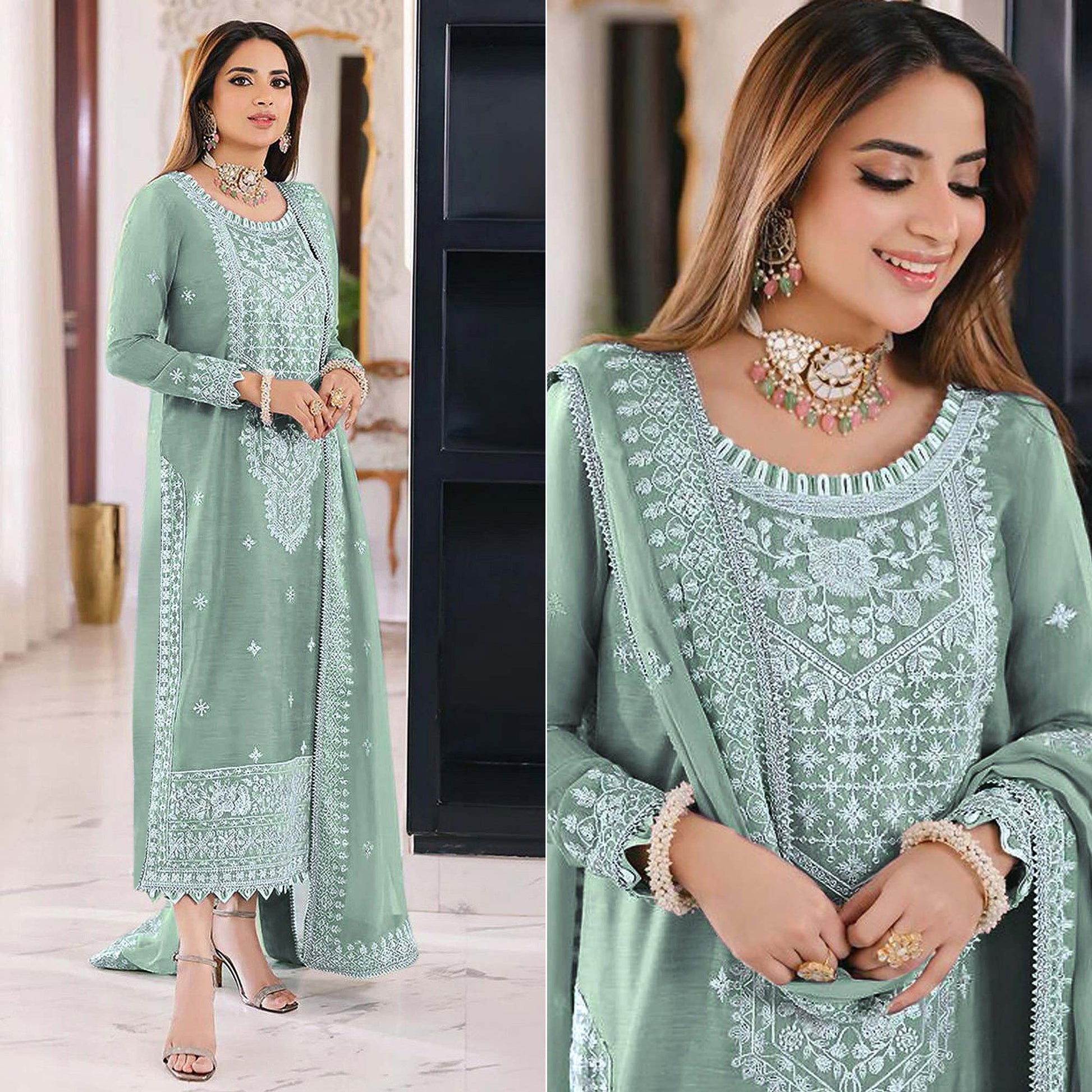 green-embroidered-organza-pakistani-dress-material