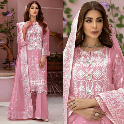 Light Pink Embroidered Organza Pakistani Semi Stitched Dress Material