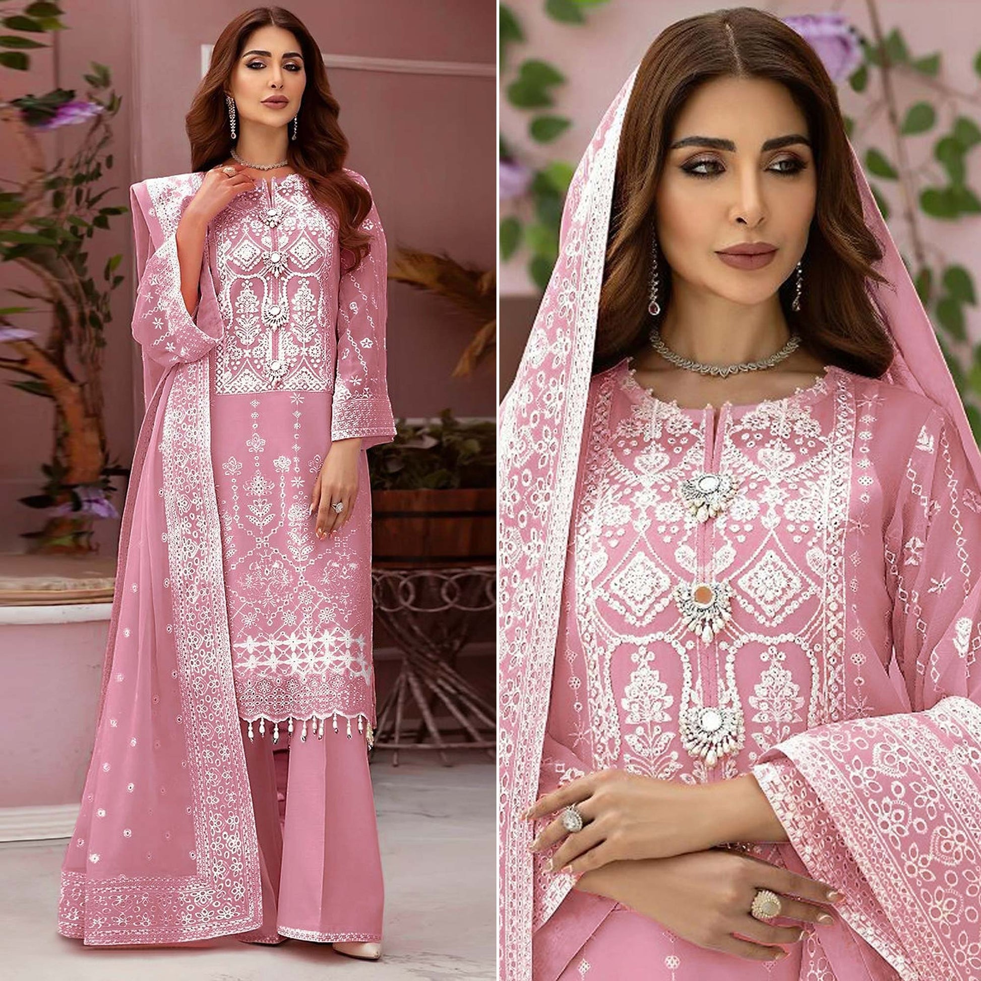 Light Pink Embroidered Organza Pakistani Semi Stitched Dress Material