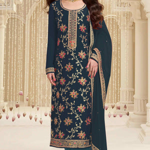Dark Rama Blue Floral Woven With Embroidered Viscose Semi Stitched Suit