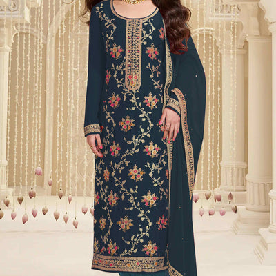 Dark Rama Blue Floral Woven With Embroidered Viscose Semi Stitched Suit