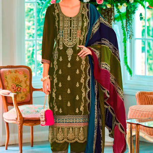 Mehendi Green Floral Sequins Embroidered Chinon Semi Stitched Palazzo Suit