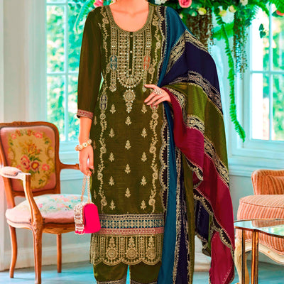 Mehendi Green Floral Sequins Embroidered Chinon Semi Stitched Palazzo Suit