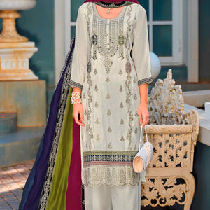 Cream Floral Sequins Embroidered Chinon Semi Stitched Palazzo Suit