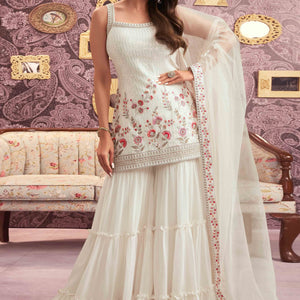 Cream Floral Sequins Embroidery Georgette Semi Stitched Pakistani Suit