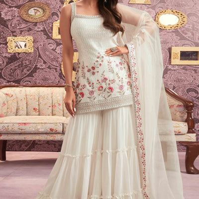 Cream Floral Sequins Embroidery Georgette Semi Stitched Pakistani Suit