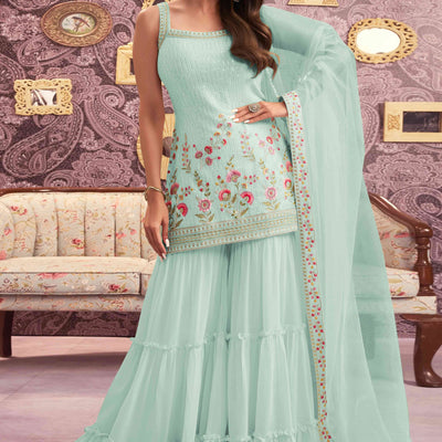 Light Sea Green Floral Sequins Embroidery Georgette Semi Stitched Pakistani Suit