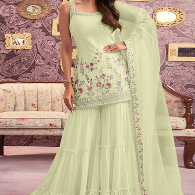 Light Yellow Floral Sequins Embroidery Georgette Semi Stitched Pakistani Suit