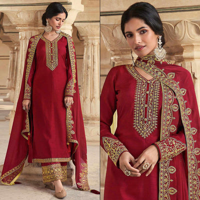 Maroon Floral Sequins Embroidered Dola Silk Palazzo Suit