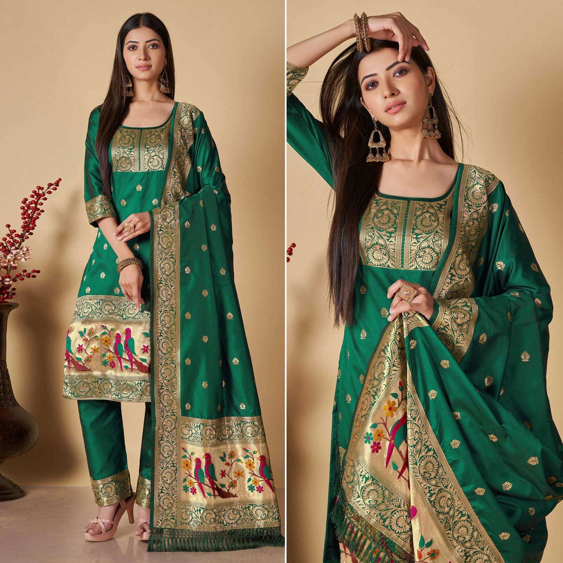 green-floral-woven-banarasi-silk-paithani-dress-material-2