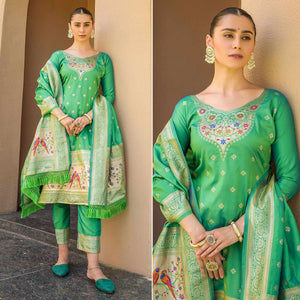 green-floral-woven-banarasi-silk-paithani-dress-material