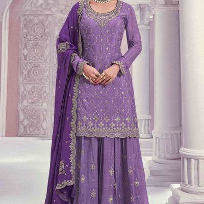 Lavender Sequins Embroidered Chinon Sharara Suit