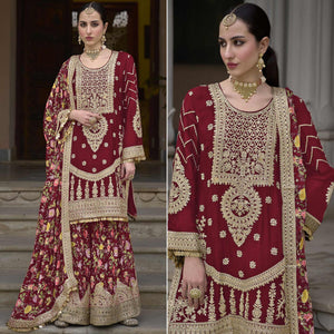 Maroon Floral Sequins Embroidered Chinon Salwar Suit
