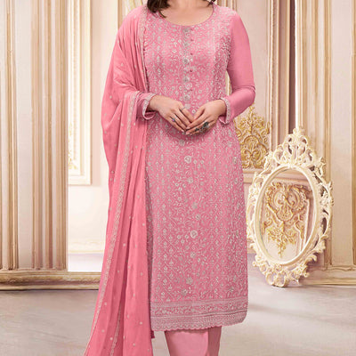 Gajari Pink Floral Sequins Embroidery Georgette Semi Stitched Salwar Suit