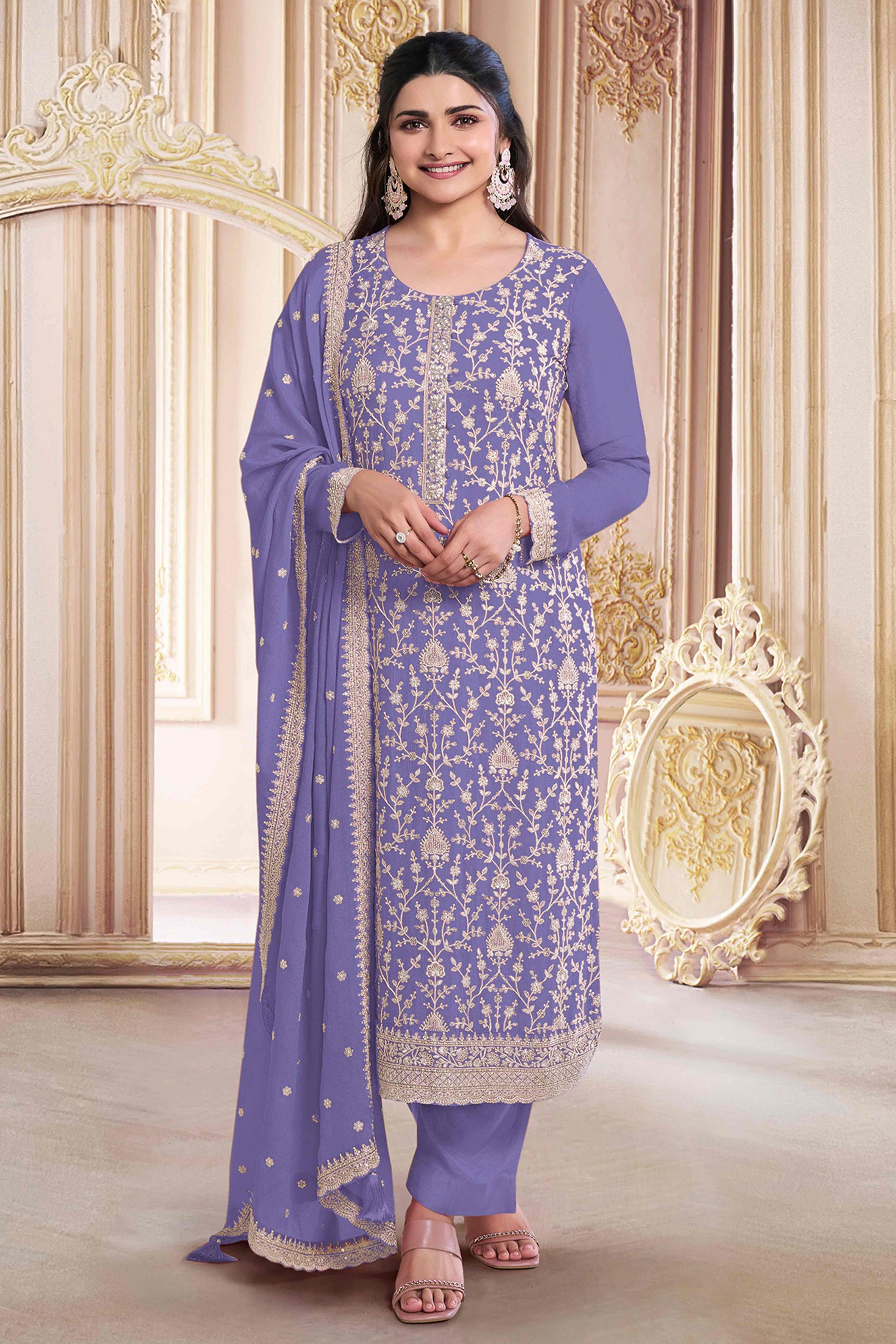 Lavender Floral Sequins Embroidery Georgette Semi Stitched Salwar Suit