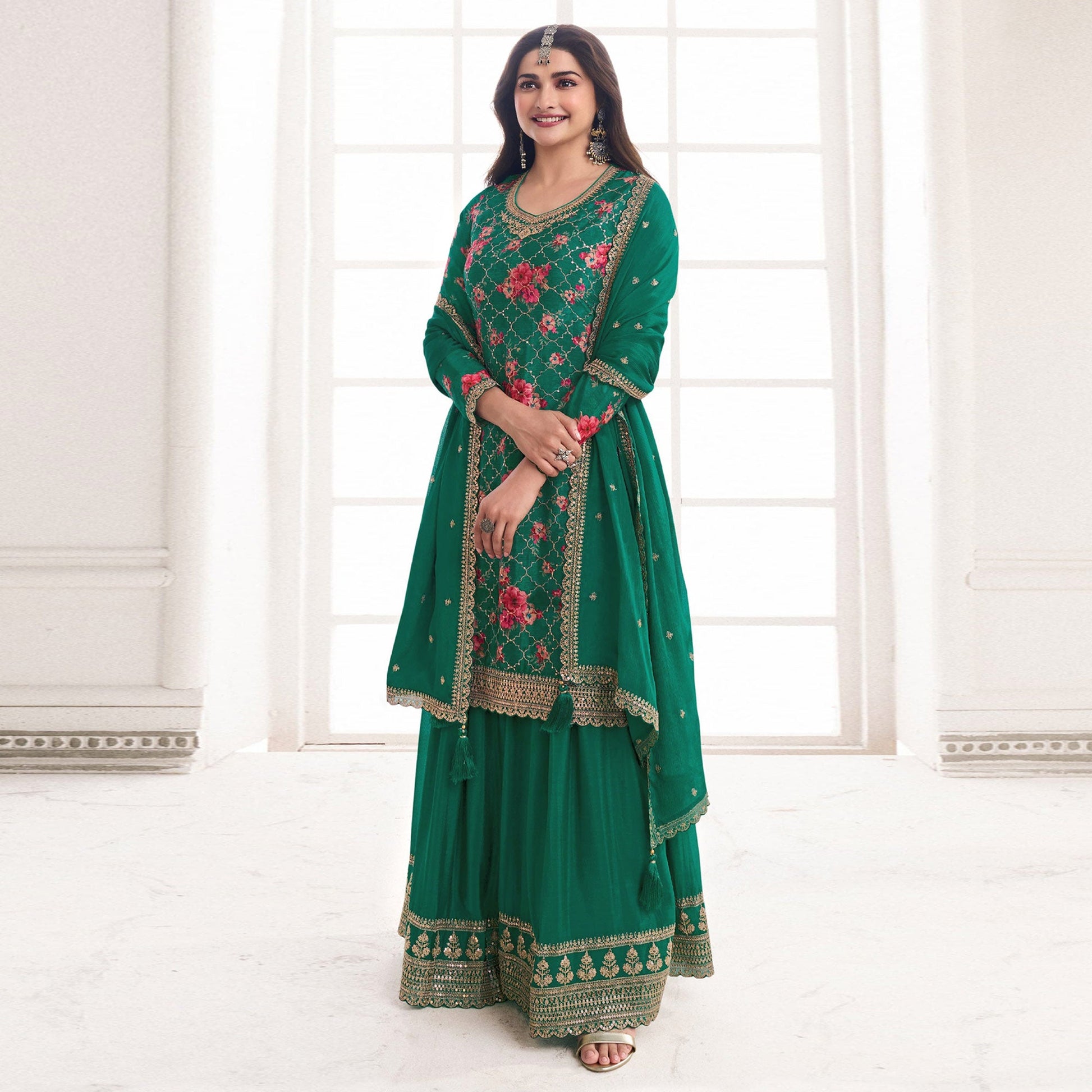 green-embroidered-chinon-semi-stitched-dress-material