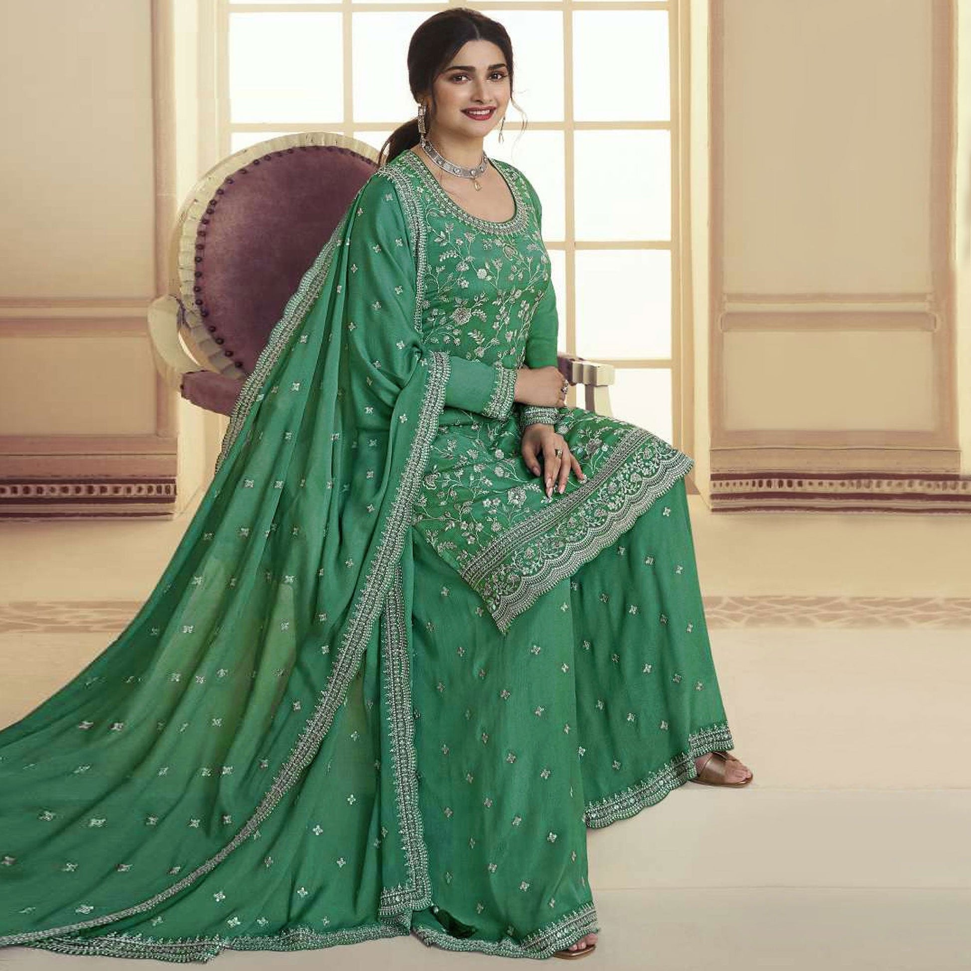green-floral-embroidered-chinon-semi-stitched-sharara-suit
