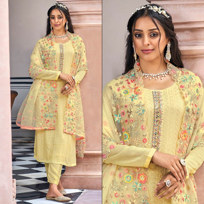Lemon Yellow Sequins Embroidered Georgette Semi Stitched Salwar Suit